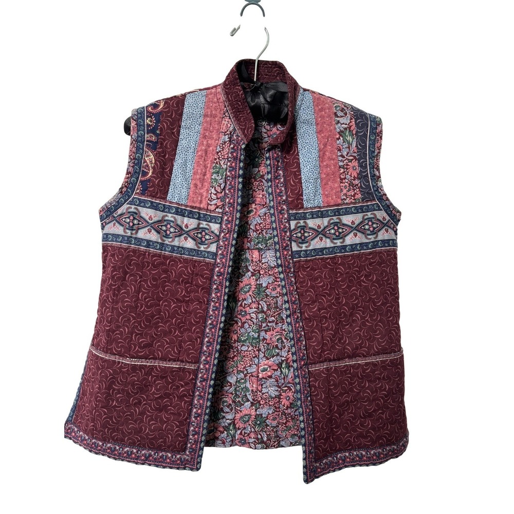 Vintage Suttles and Seawinds Quilted Patchwork Vest Burgundy Floral Boho Canada
